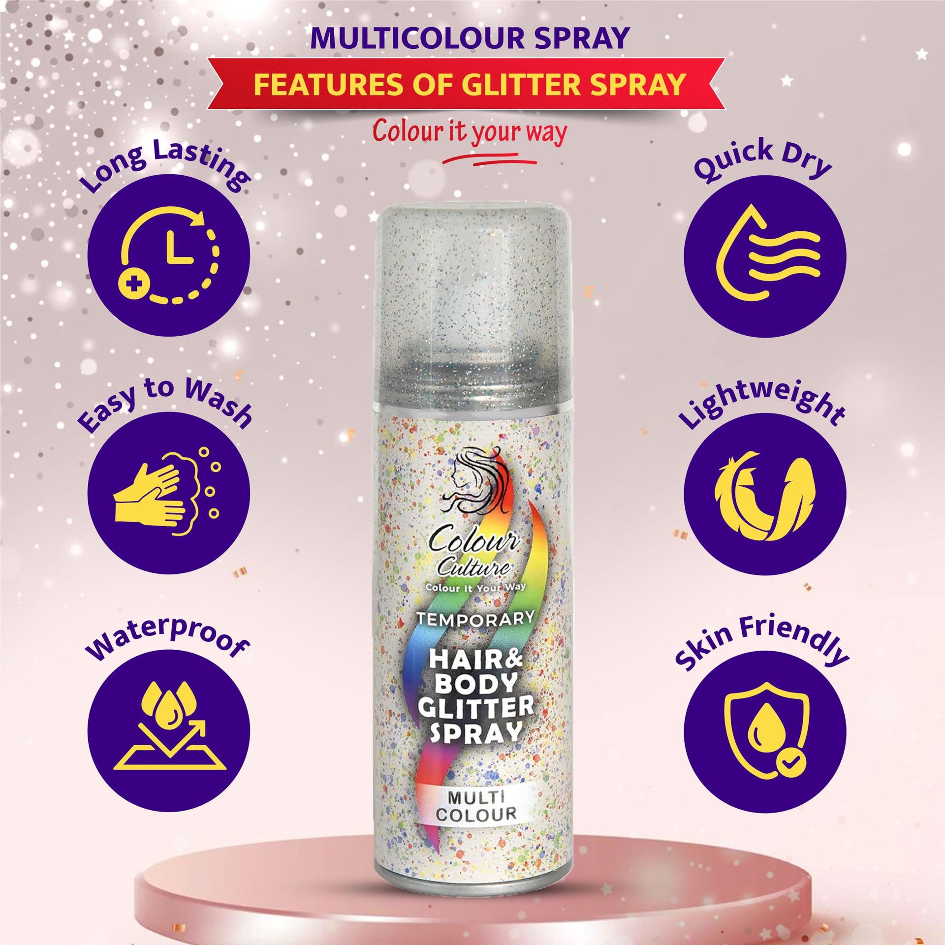 Colour Culture Temporary Multi Colour Hair And Body Glitter Spray 125ml