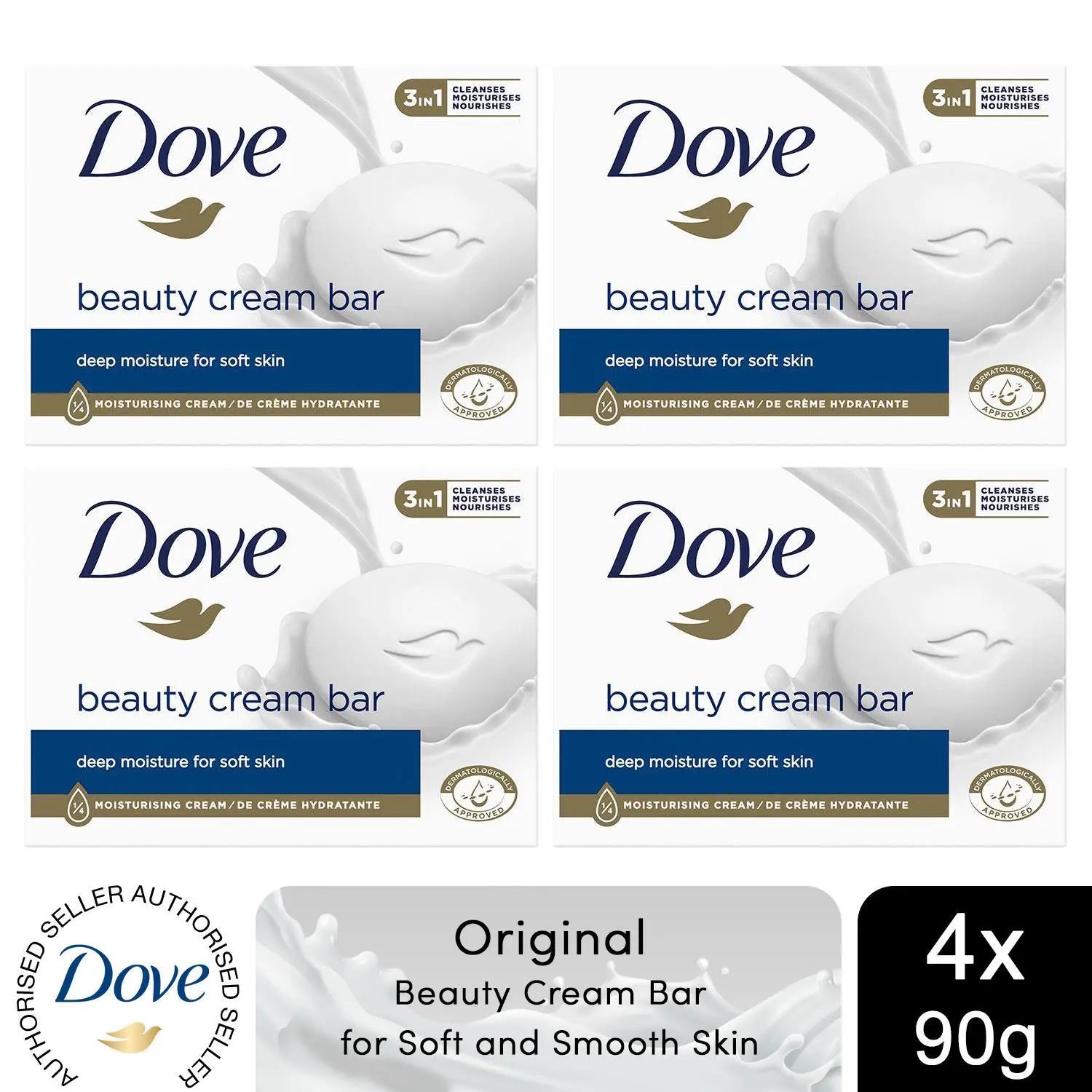 Dove Original Beauty Moisturising Cream Soap Bar Soft & Smooth Skin 90g x4