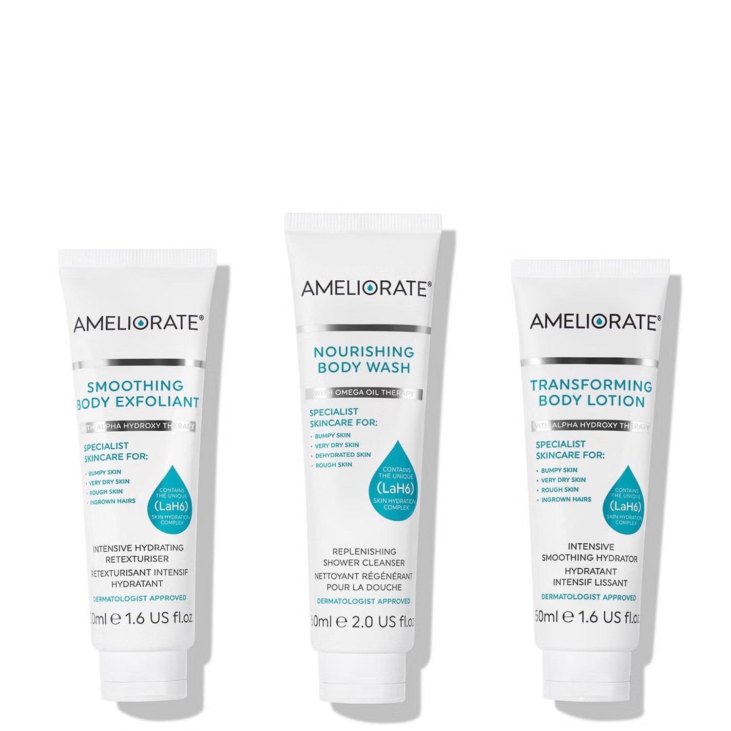 AMELIORATE 3 Steps To Smooth Skin Set Body Wash & Lotion with Body Exfoliant Kit