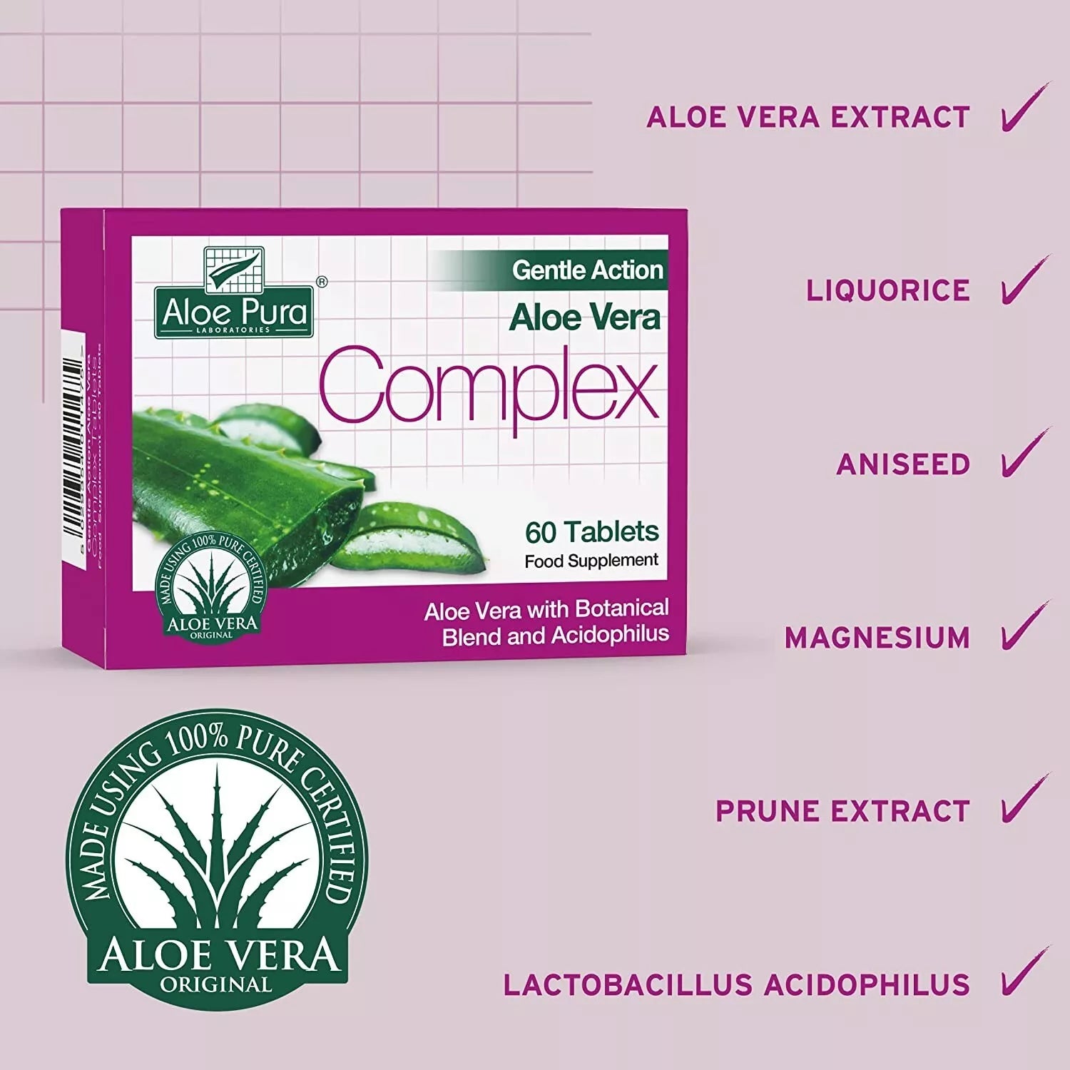 Aloe Pura Aloe Vera Gentle Action Complex Earlier Colon Cleanse 60 Tablets