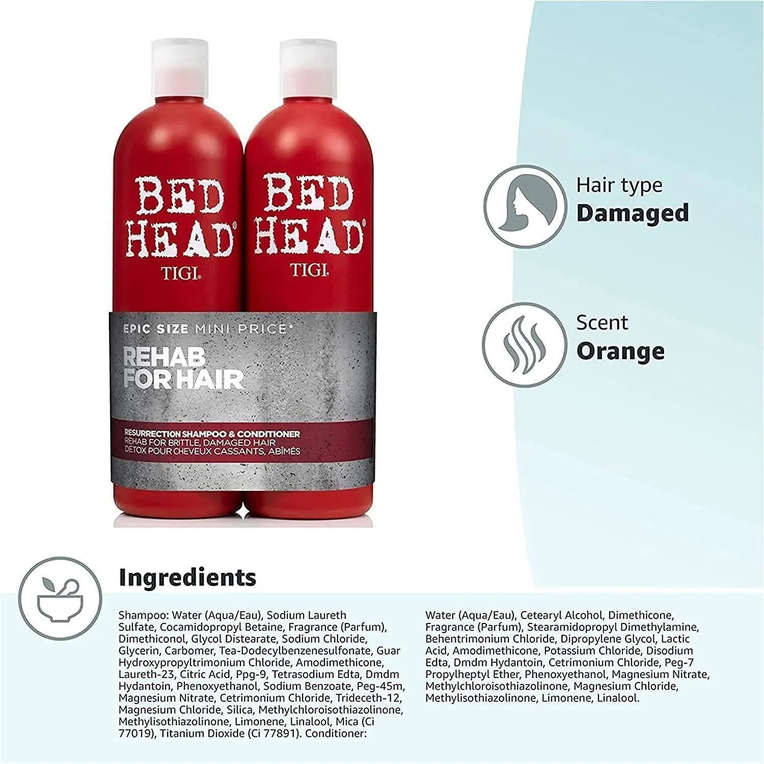 Bed Head by TIGI Resurrection Shampoo & Conditioner Duo for Damaged Hair, 750ml